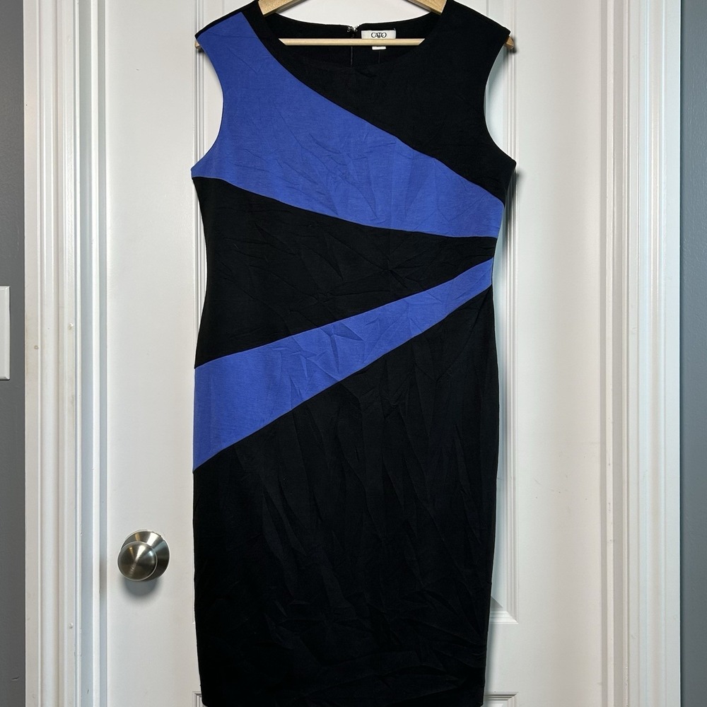 Cato Black Cobalt Blue Diagonal‎ Color Block Sleeveless Sheath Dress Mod Style